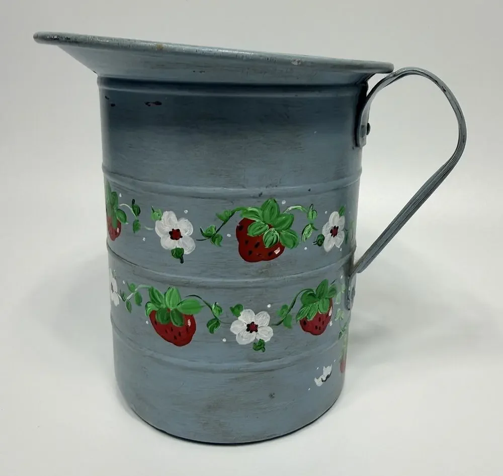Handpainted Blue Strawberry Blossoms Metal Measuring Cup Planter Vase 6